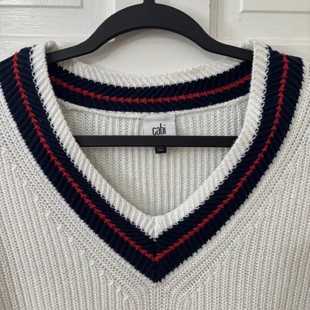 White V Neck Tennis Sweater Women‎ Classic Old Money Academia Cabi S RUNS BIG - Picture 2 of 8